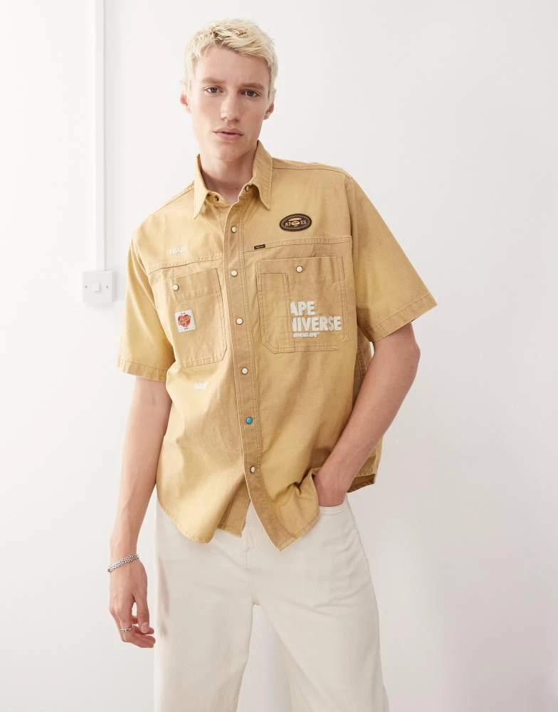 AAPE Aape by A Bathing Ape worker short sleeve shirt in beige with back embroidery 4