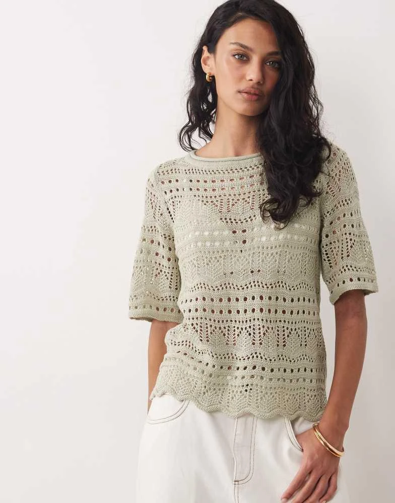 JDY JDY open knit boxy half sleeve top in sage
