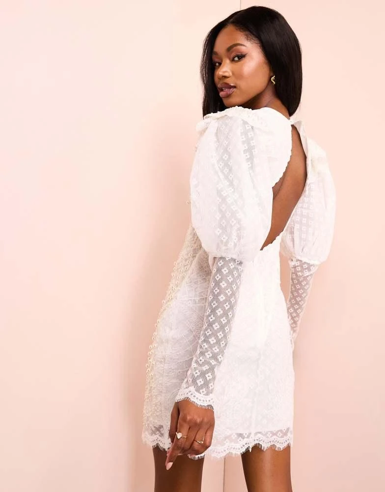 ASOS Luxe ASOS LUXE pearl embellished lace mini dress with puff sleeves in white 4