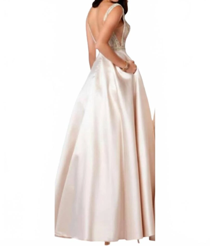 Karishma Creations Beaded V-Neck Satin A-Line Evening Gown In Champagne 2