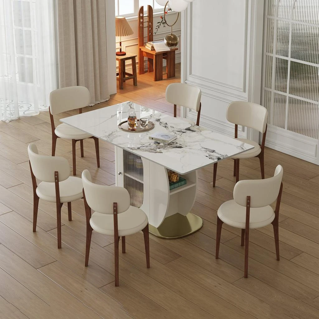 Streamdale Furniture Streamdale 63" Modern Dining Table Set, Burnt Stone Top, Gold Base, 6 White Chairs