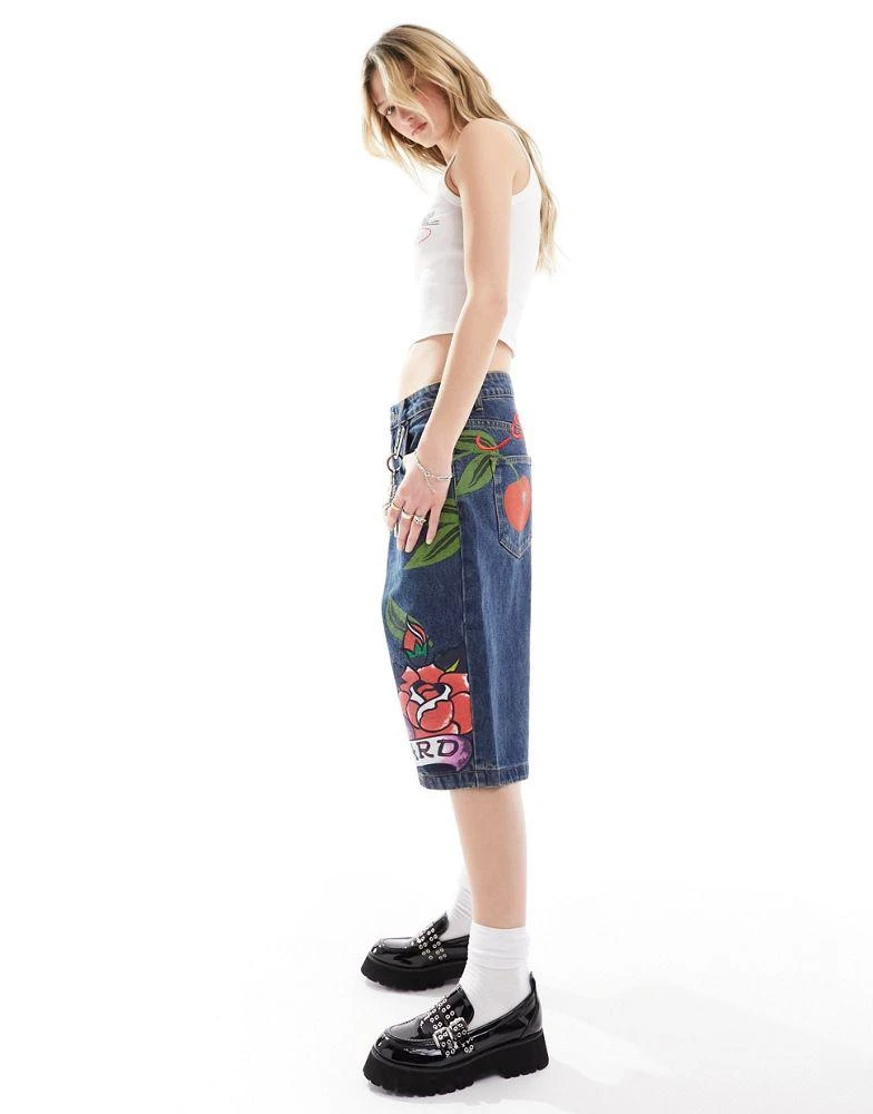 Ed Hardy Ed Hardy relaxed skater longline denim shorts with peachy bum print 3
