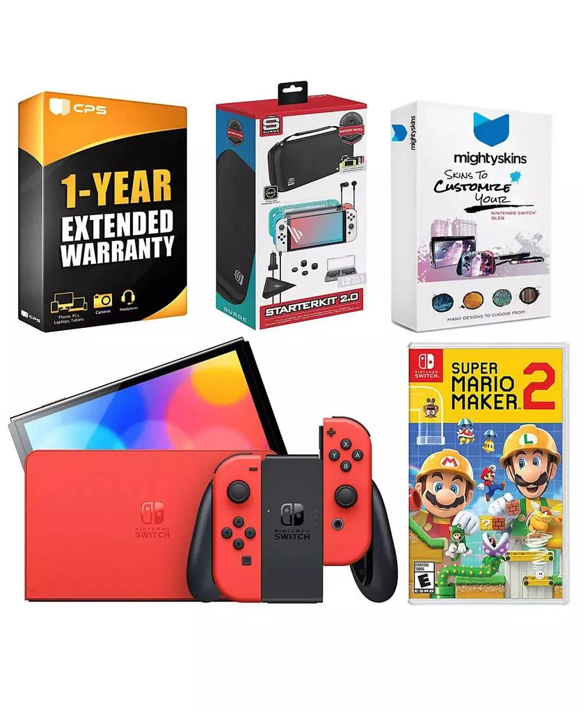 Nintendo Switch OLED Mario Red Edition with Mario Maker 2, Surge Accessory Gaming Kit, MightySkins Console and Controller Skin Voucher and 1 Year CPS Extended Warranty