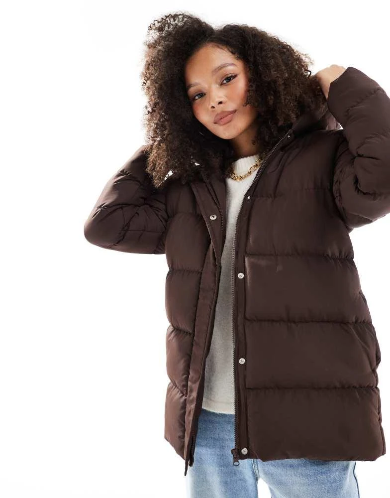 Threadbare Threadbare mid length puffer jacket in brown 1