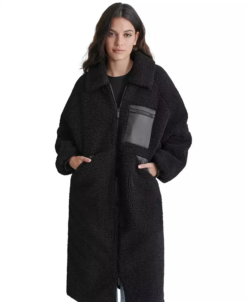 DKNY Women's Sherpa Fleece Contrast-Trim Zip-Front Coat 4