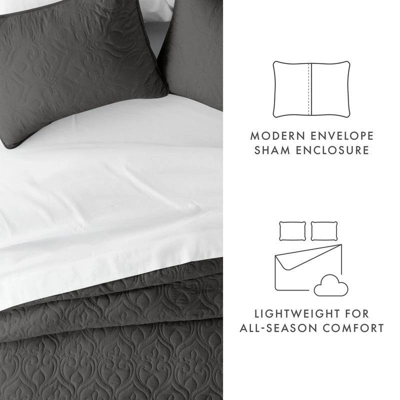 IENJOY HOME Damask Stitch Gray Quilt Coverlet Set Contemporary Ultra Soft Microfiber Bedding 5