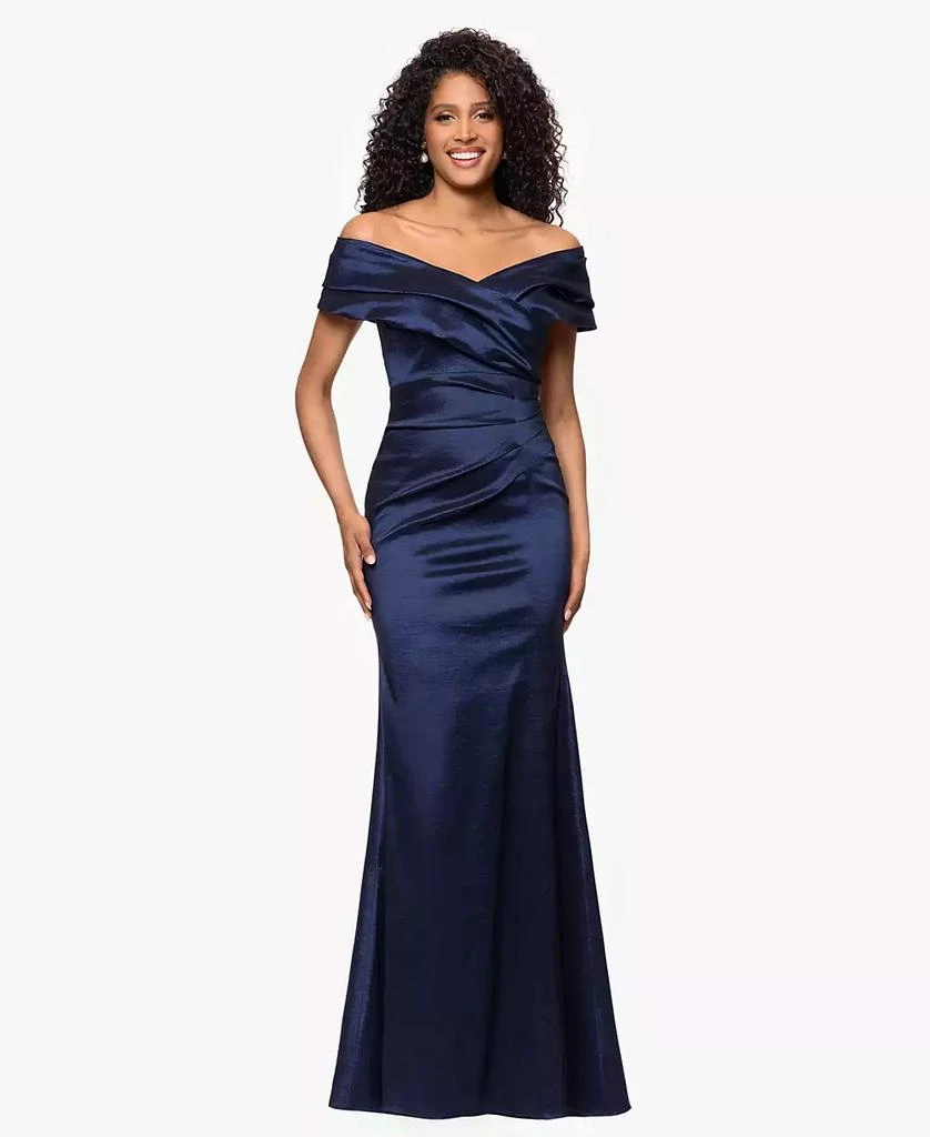 macy's off the shoulder dress Sydney's Closet Women's Fitted Evening Gown Model is wearing a size 8 Betsy & Adam Women's Taffeta