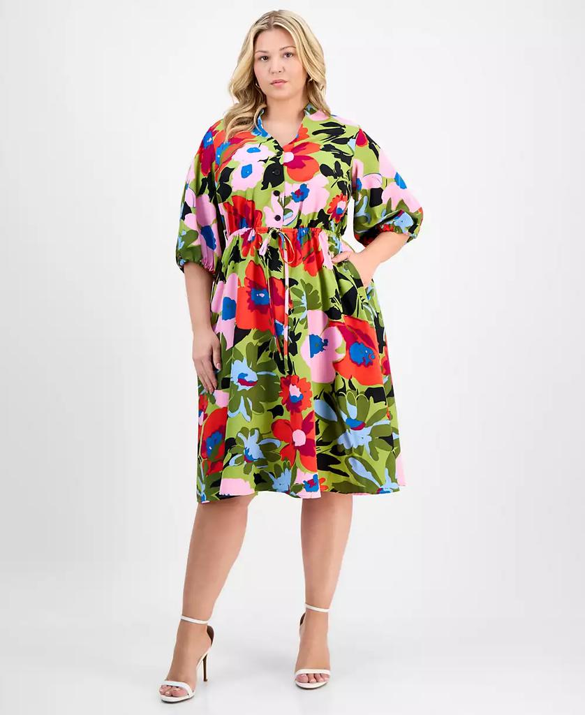 Sandra Darren Plus Size Print Tie-Waist 3/4-Sleeve Midi Dress