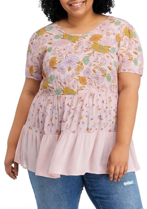 Belle du Jour Du Jour   Plus Size Short Sleeve Mixed Print Babydoll Top 1