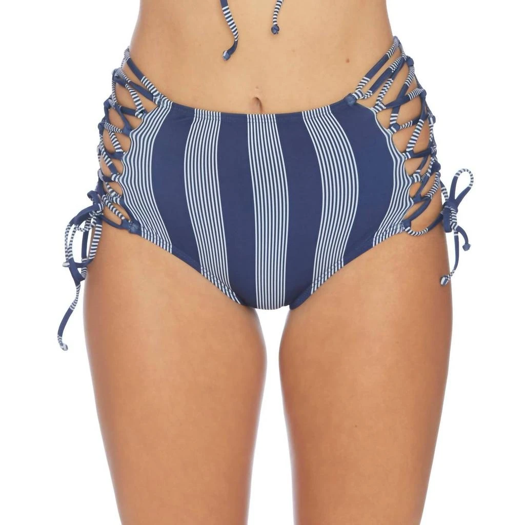 Splendid Lace Up High Waist Bikini Bottom In Long Lines Navy 1