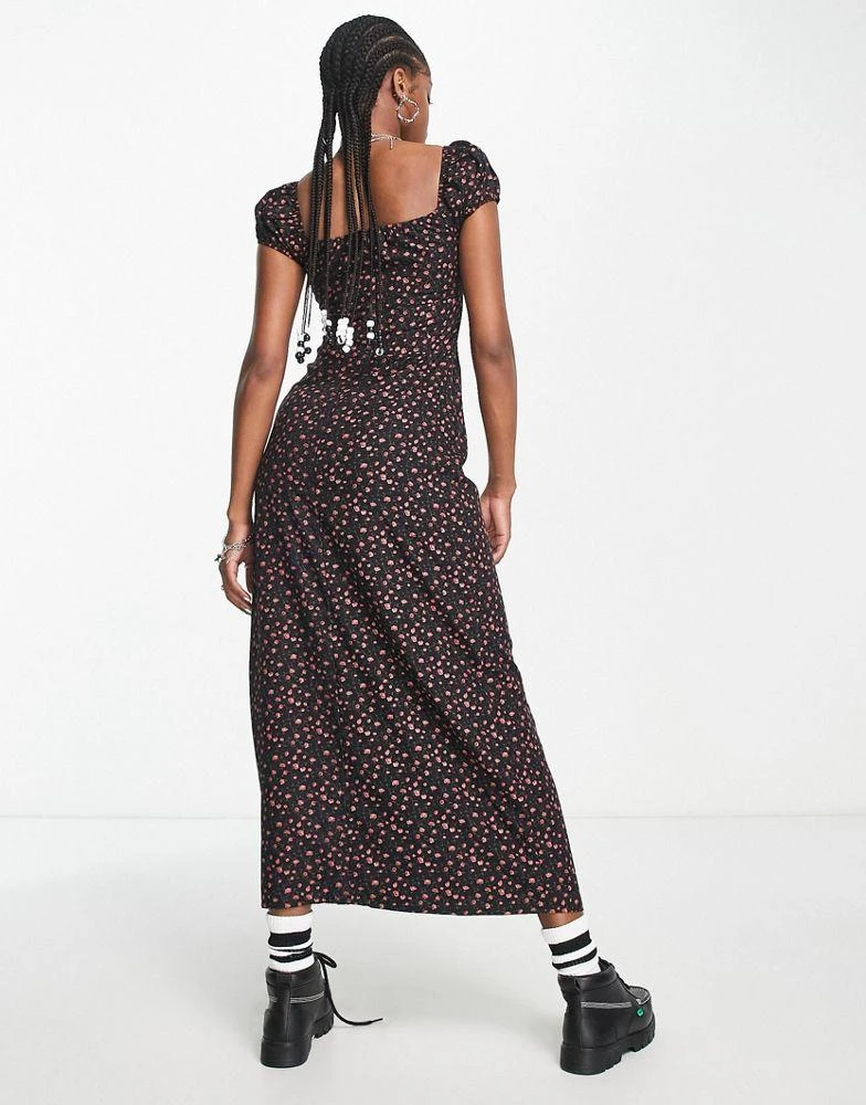 Motel Motel rosebud print grunge lattice detail midaxi dress in black 2