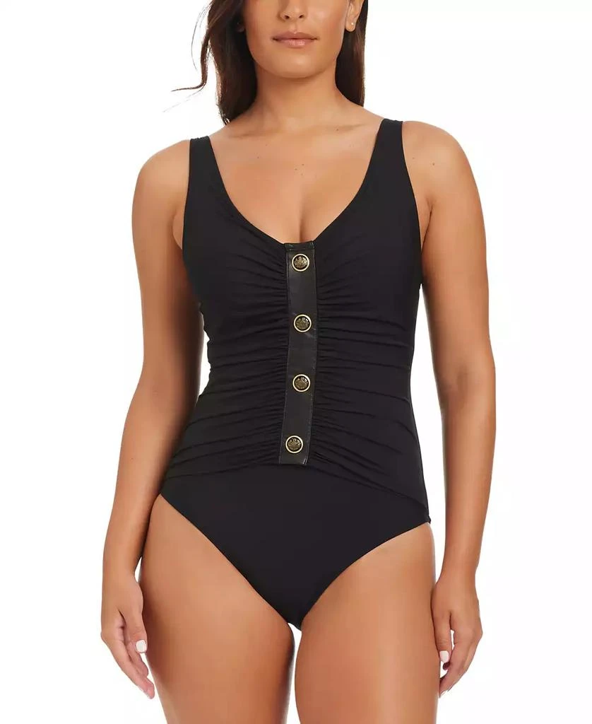 Shop Women's Faux-Leather V-Neck One-Piece Swimsuit on Sale at