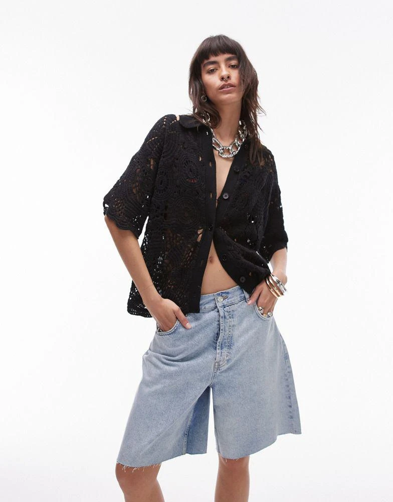 Topshop Topshop knitted crochet look polo shirt in black 1