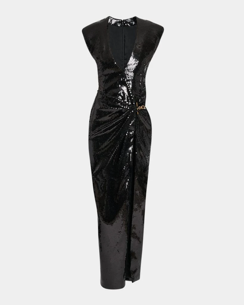 Balmain Plunging Sequined Chain Draped Wrap Gown