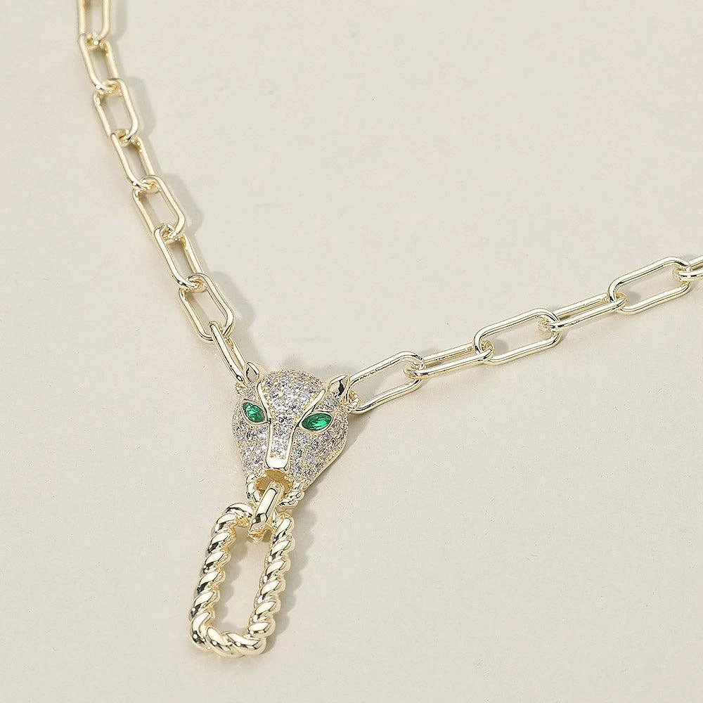 FASHNZFAB 14K Gold Plated CZ Stone Paved Leopard Panther Twisted Open Rectangle Pendant Necklace