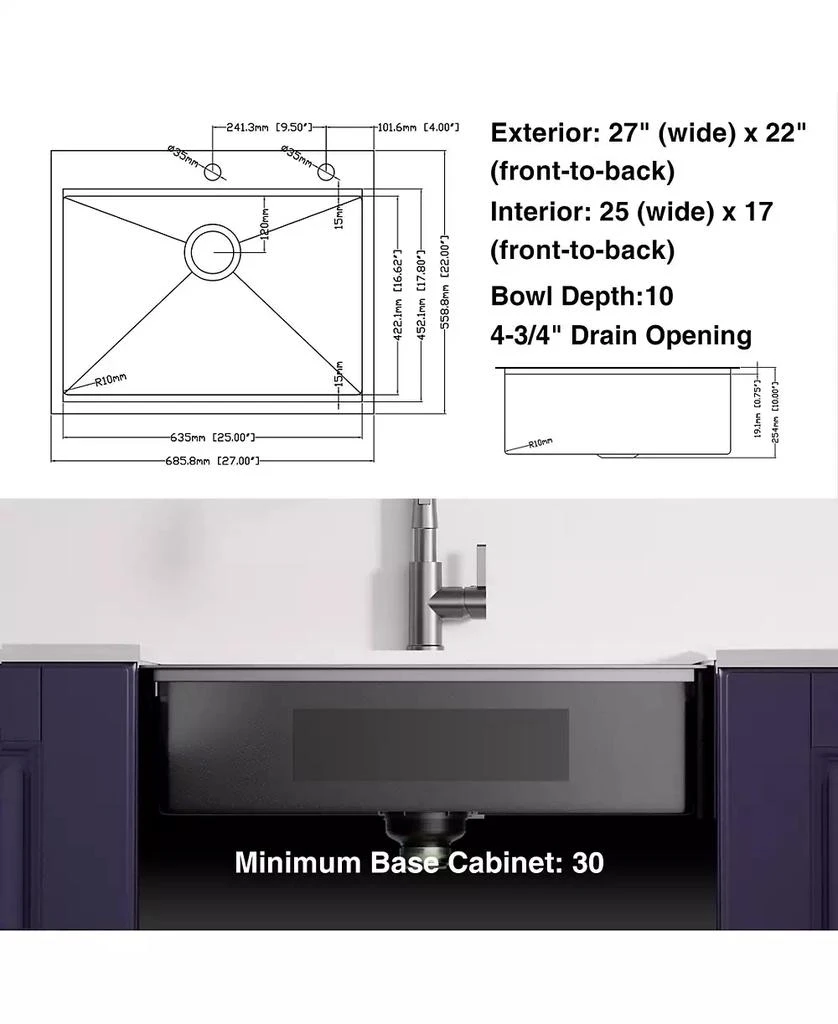 Flynama 27x22x10inch Gunmetal Kitchen Sink Topmount Stainless Steel Worksation Single Bowl 4