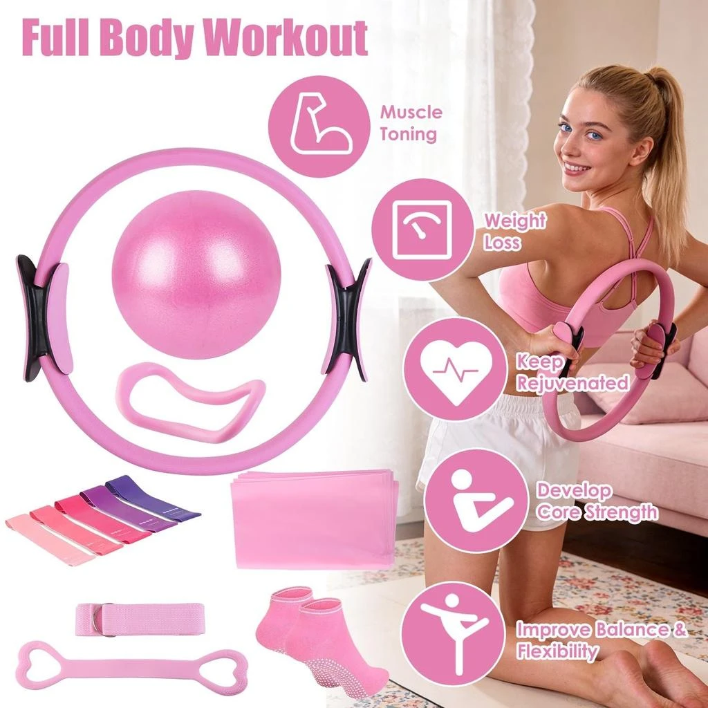 ENVI2ULTRA 14Pcs Pilates Ring Set with Resistance Bands Yoga Ball Non-Slip Socks, All-in-One Home Gym Equipment for Core Arm Back Training, Portable for Travel 3