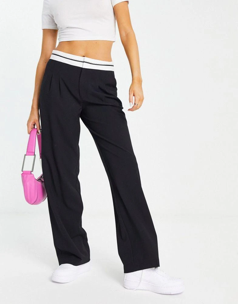 Pull&Bear Pull&Bear tailored trouser with reverse waistband in black 1