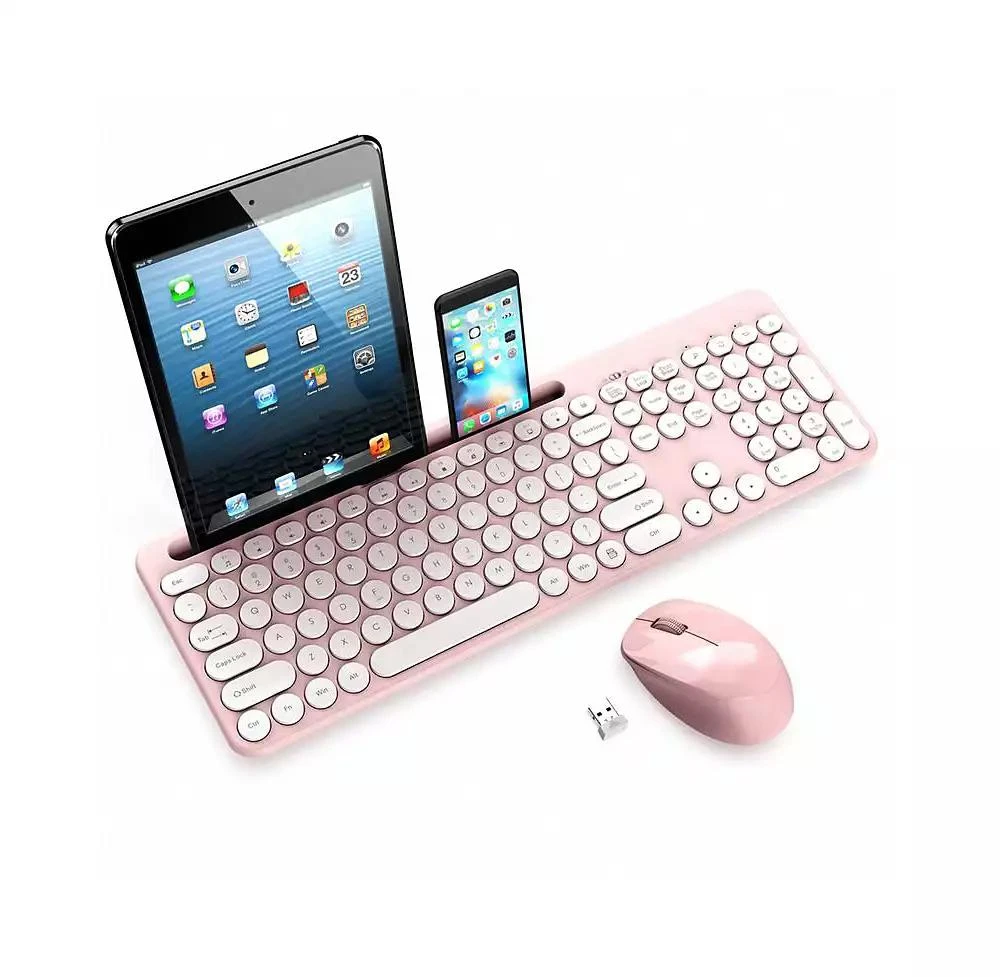 risokeys Wireless Keyboard And Mouse Combo - Full-Sized Ergonomic Keyboard With Holder, 2.4GHz Silent Cordless Set For Windows Laptop, PC, Desktop - Pink