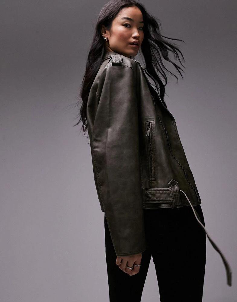 Topshop Topshop faux leather biker jacket in washed green 3