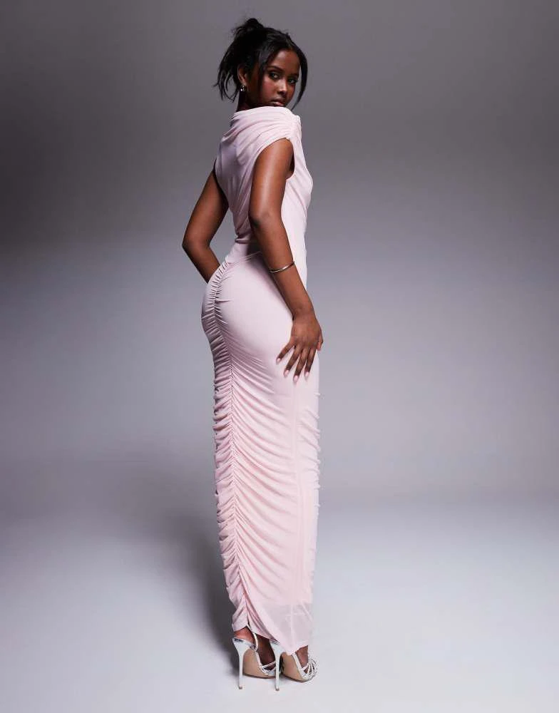 Shop ASOS DESIGN mesh asymmetric neck off shoulder ruched maxi