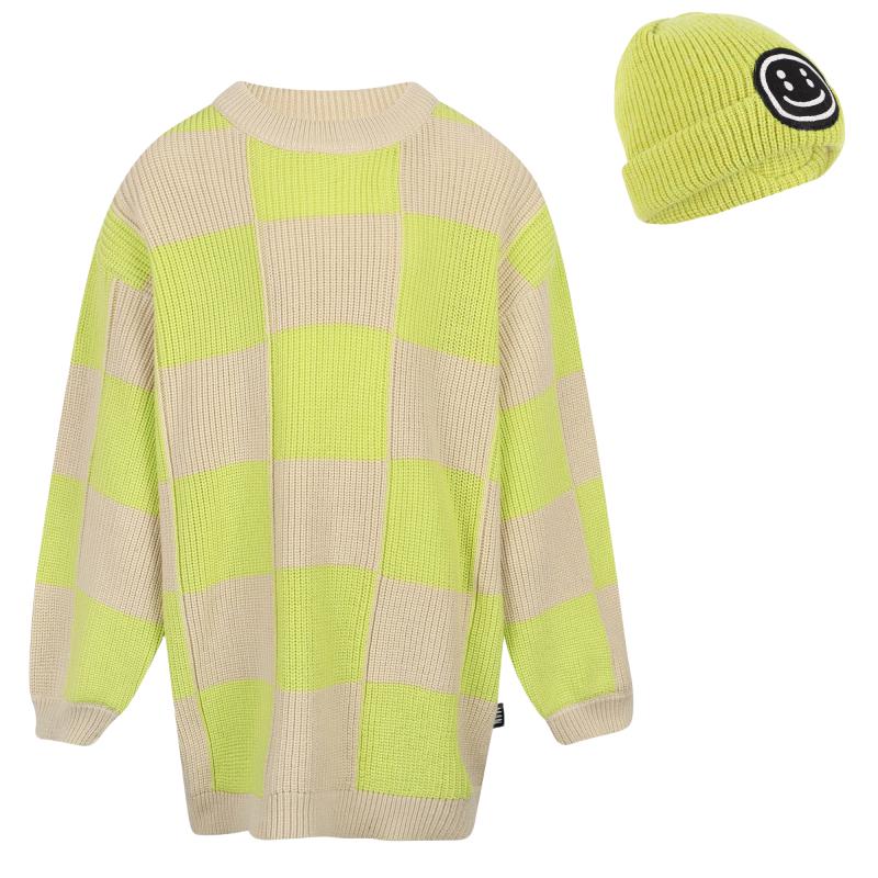 Little Man Happy Checkerboard knitted sweatshirt and beanie hat set in beige and yellow