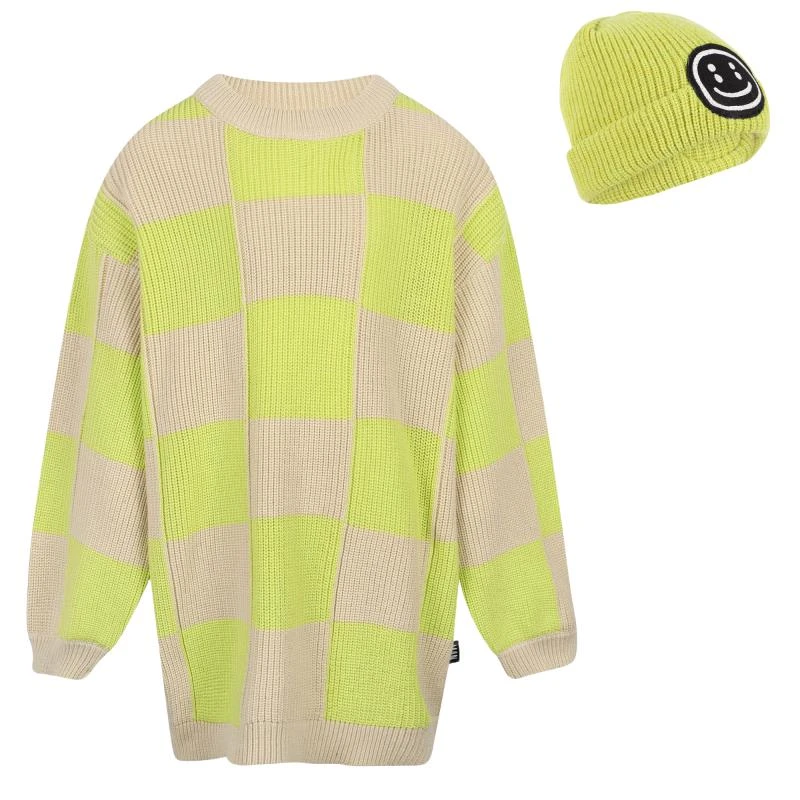 Little Man Happy Checkerboard knitted sweatshirt and beanie hat set in beige and yellow 1
