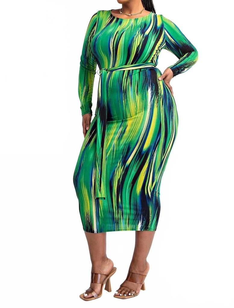 The Curve LA Plus Size Long Sleeve Midi Dress With Self-Tie Belt In Green Multi 3