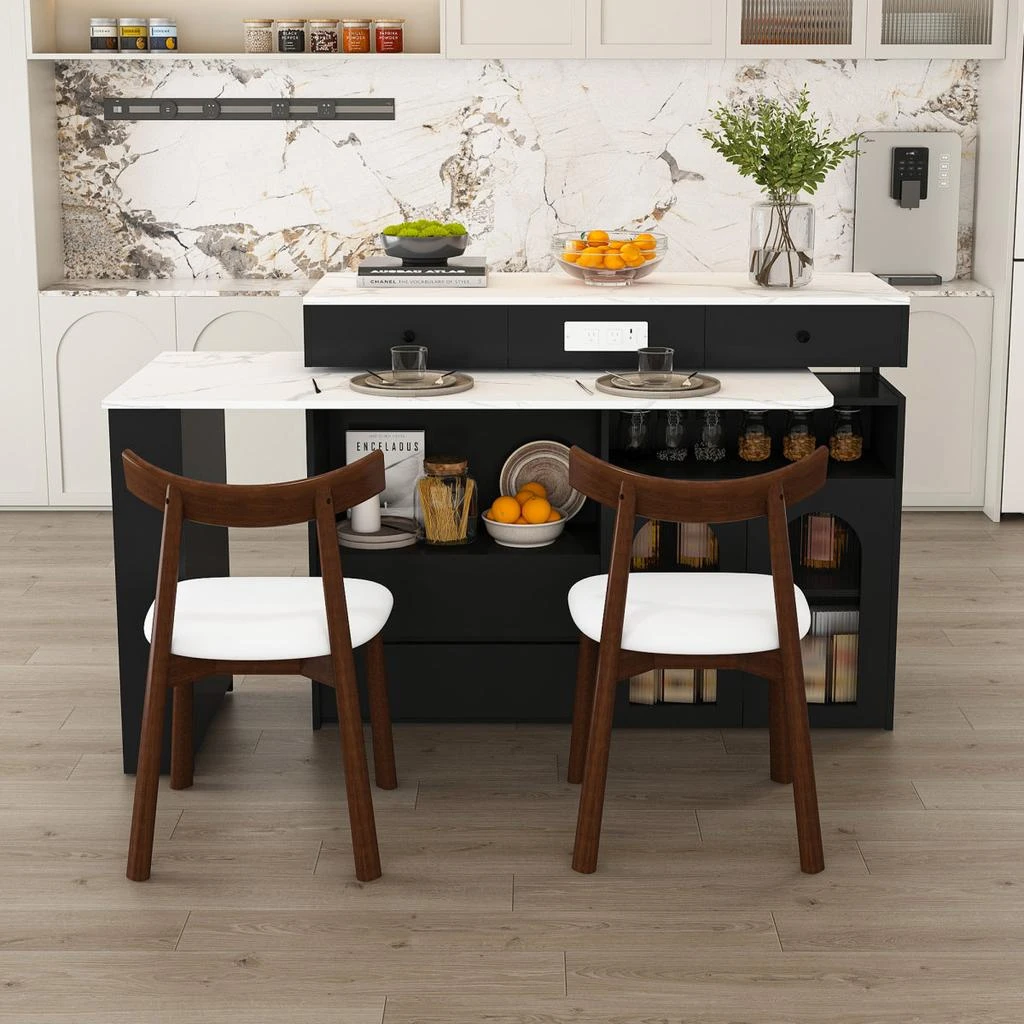Streamdale Furniture Streamdale Kitchen Island Set with 2 Chairs, Extendable 
Rotating Table, Marble Veneer, 4 Drawers 
Cabinets