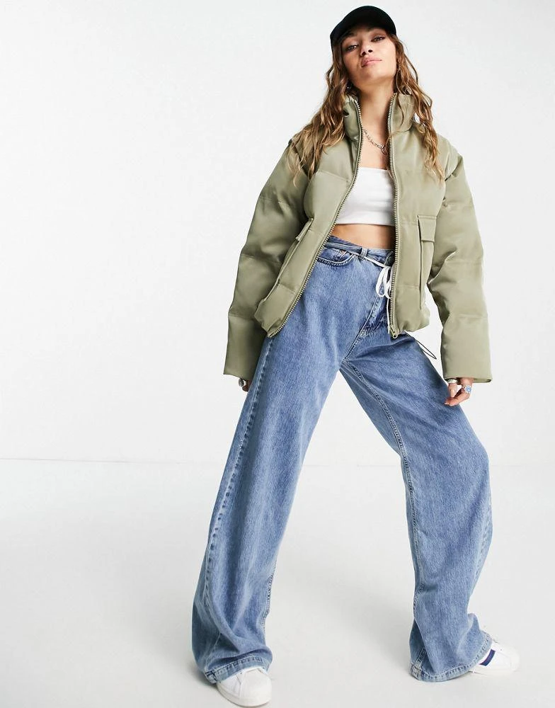 Topshop Topshop sheen puffer jacket with removeable sleeves in khaki 4