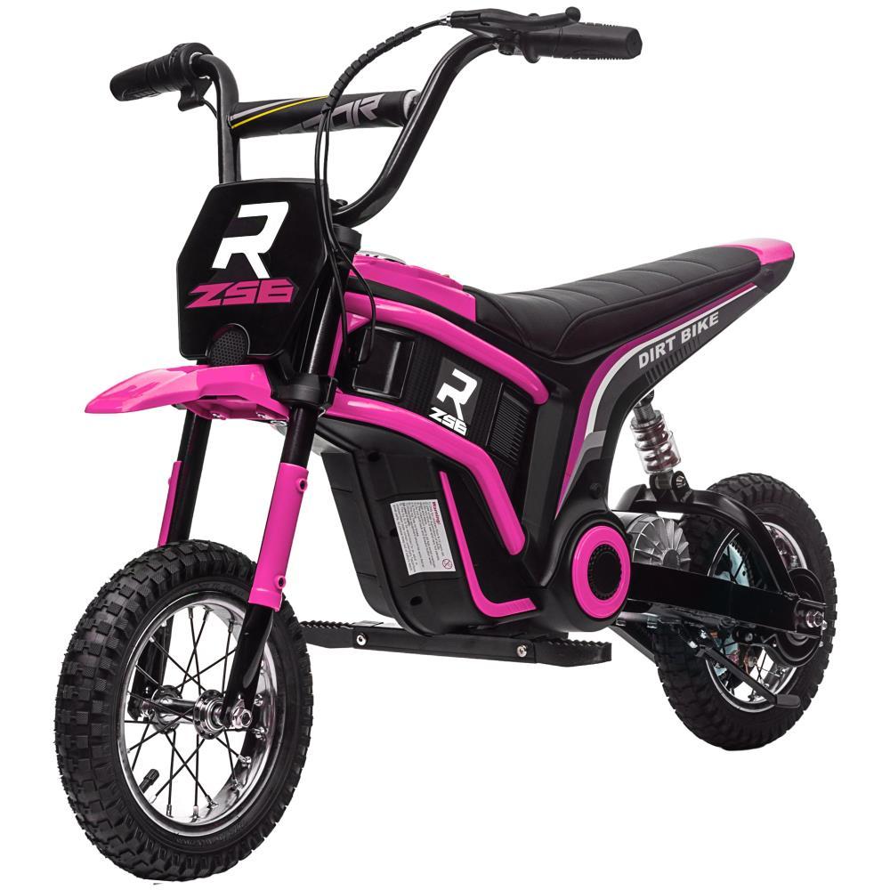 BreeBe Aosom Electric Dirt Bike with Twist Grip Throttle, 24V 350W Off-Road Electric Motorcycle, Up to 15 MPH with Brake, Music Horn, Rear Suspension for Ages 13+ Years, Pink