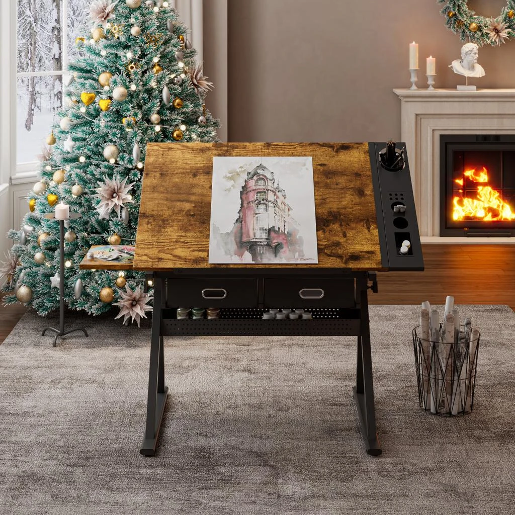 Streamdale Furniture Streamdale Adjustable Drawing Drafting Table Desk with 2 Drawers 
Stool (Brown)