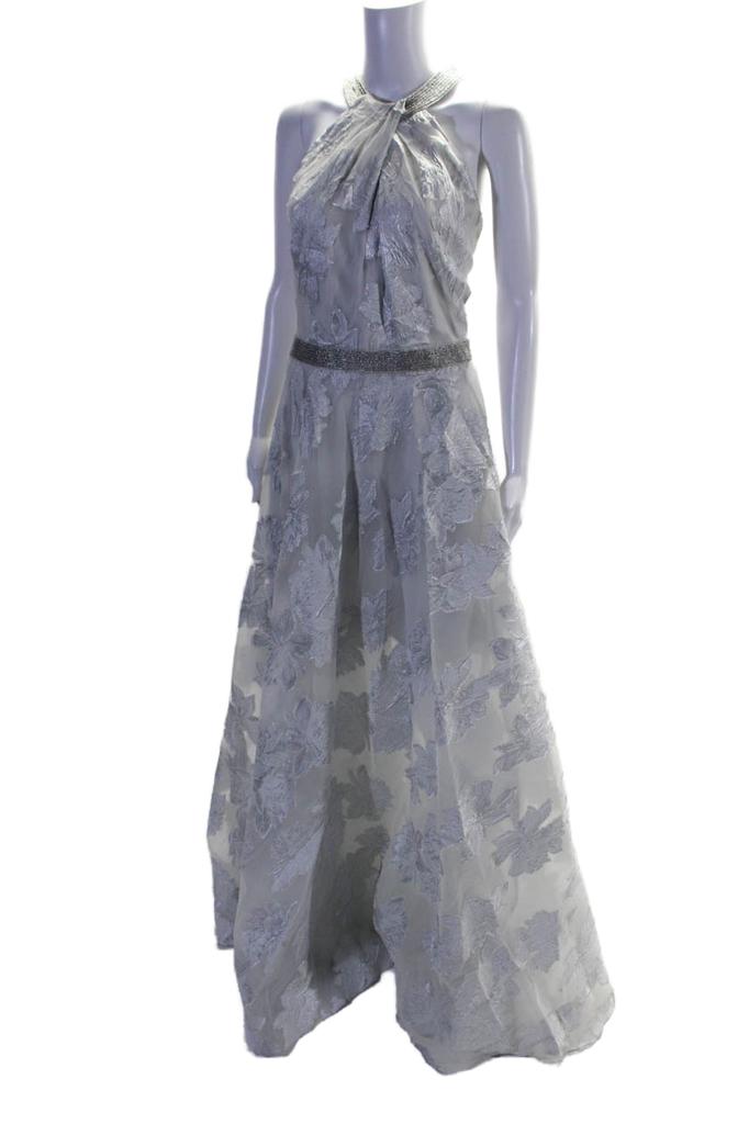 Carmen Marc Valvo Womens Beaded Crew Neck Metallic Floral Gown Silver