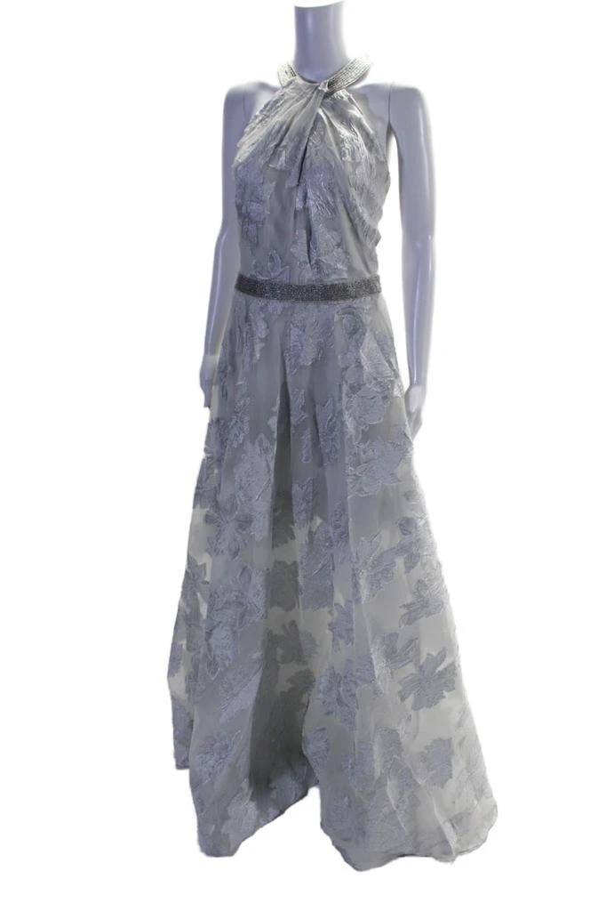 Carmen Marc Valvo Womens Beaded Crew Neck Metallic Floral Gown Silver 2