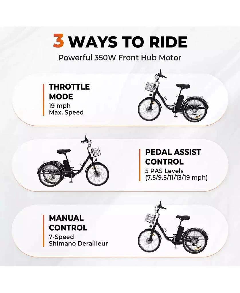 Mikolo Adult Cargo Electric Trike, 24" 3-Wheel Bike with Removable 48V/13Ah Battery, Front & Rear Basket 6