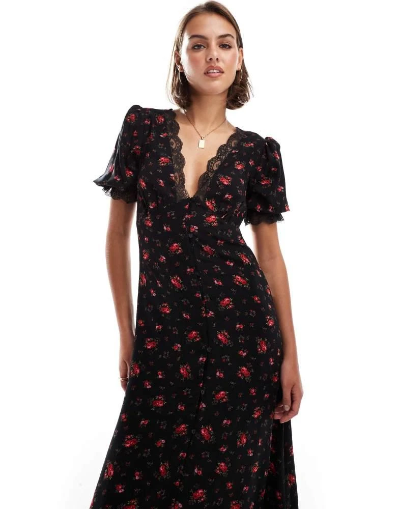 Miss Selfridge Miss Selfridge lace trim button through maxi dress in rose print 2