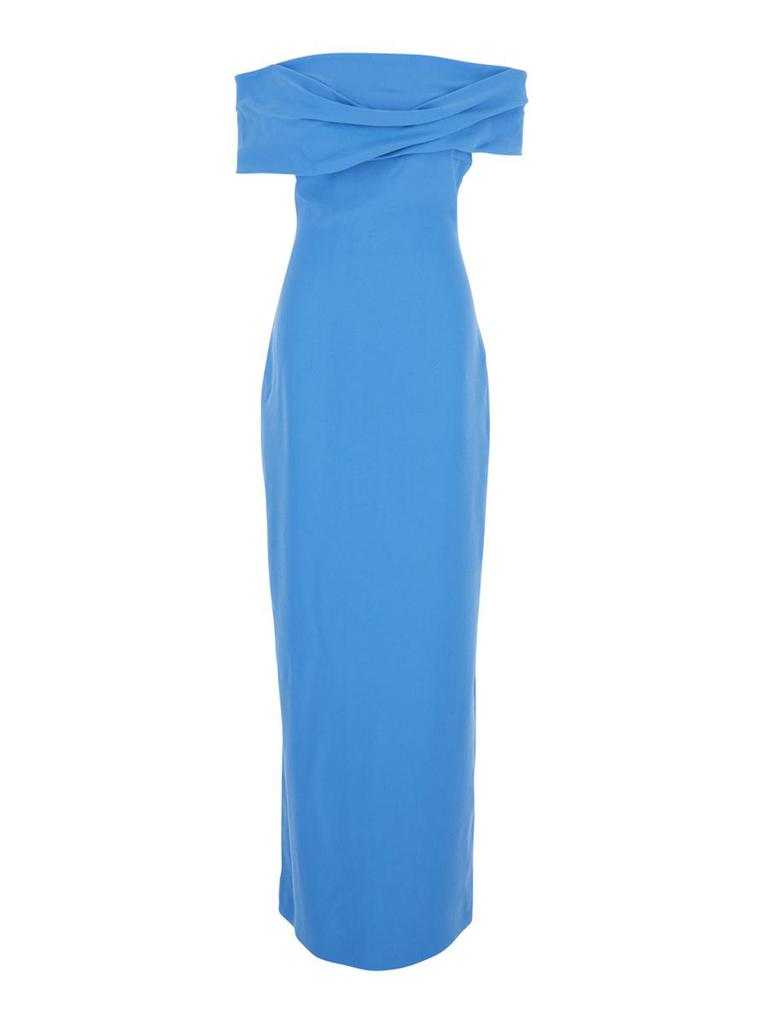 SOLACE LONDON 'Eva' Blue Off-Shoulder Long Dress With Draped Detail In Tech Fabric Woman