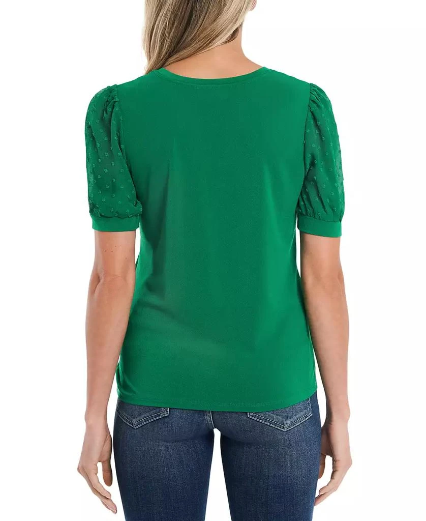 CeCe Women's Short Puff Sleeve Mixed Media Knit Top 2