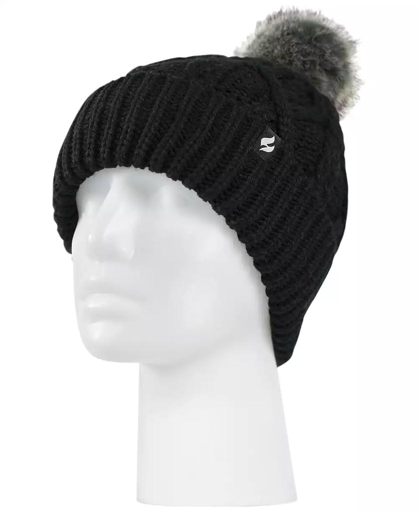 Heat Holders Brina Solid Cable Knit Roll Up Pom-Pom Hat