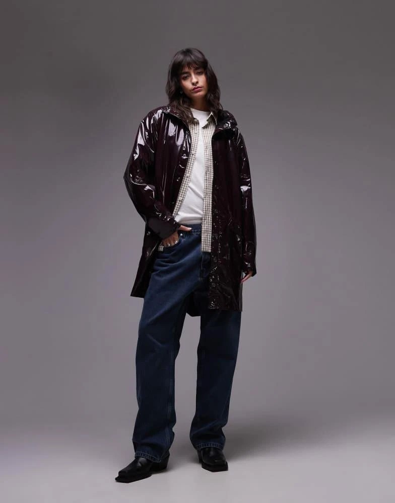 RAINS Rains 12020 waterproof long jacket in burgundy shine exclusive to asos 1
