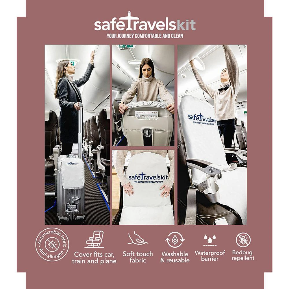 Safe Travels Kit Luxury Travel Airplane Seat Cover & Pillow Case Set 6