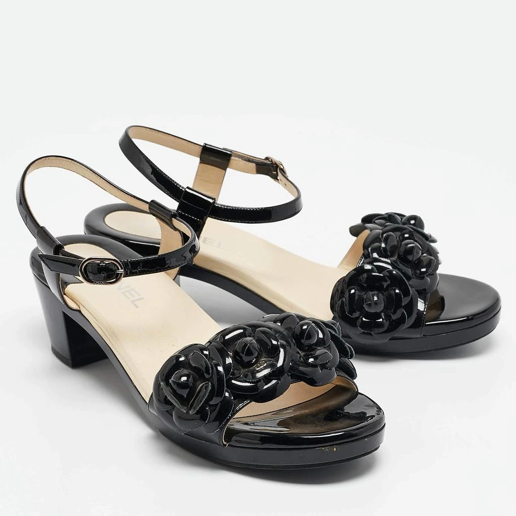 Chanel Chanel Black Patent Leather Camellia Accent Ankle Strap Sandals Size 41 4
