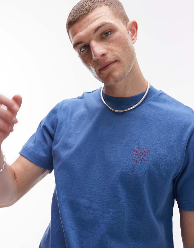 Topman Topman boxy fit t-shirt with flower embroidery in blue