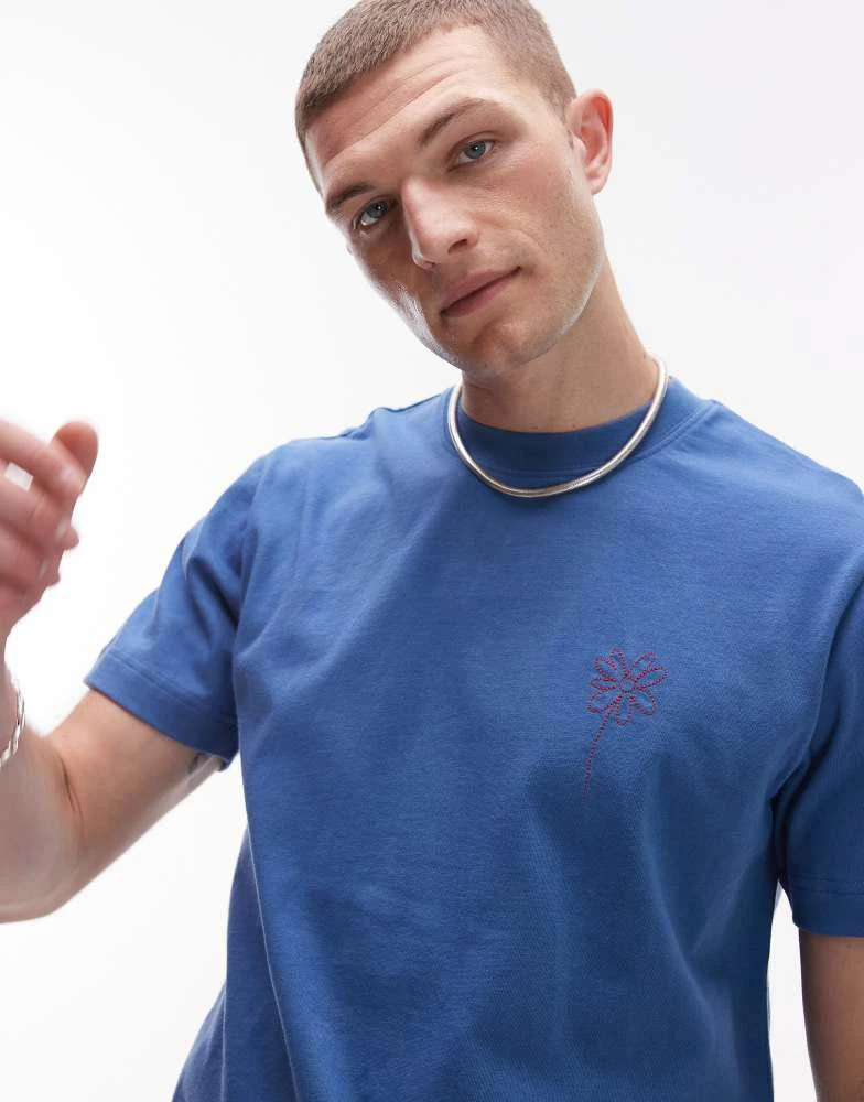 Topman Topman boxy fit t-shirt with flower embroidery in blue 1