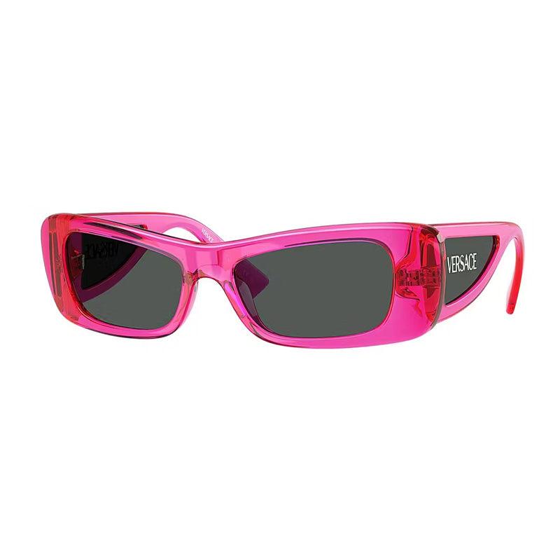 Versace Versace Oval Full Rim, with a Transparent Fluo Fucsia frame and Dark Grey lens.