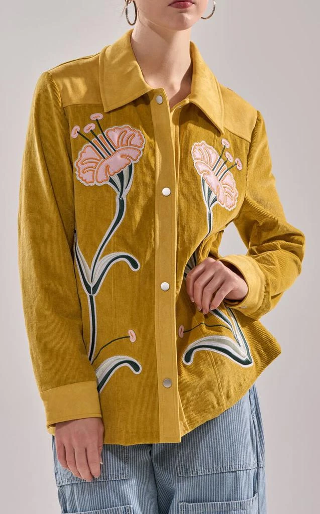 AZALEA WANG Geraldine Mustard Floral Embroidered Corduroy Jacket 1