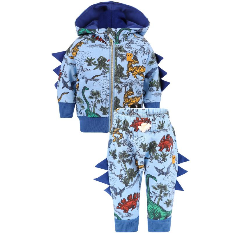 Rock Your Baby Colorful dinos print zipped hoodie and track pants with spikes in blue