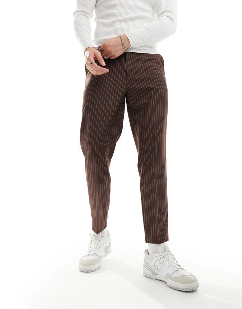 ASOS ASOS DESIGN smart tapered pinstripe trousers in brown 1