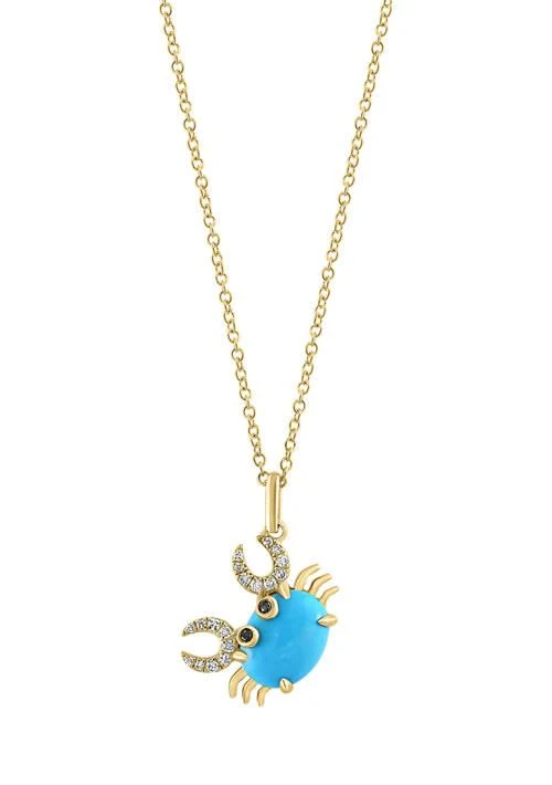 Effy 1/10 ct. t.w. Diamond, Black Diamond, and Turquoise Crab Pendant Necklace in 14K Yellow Gold 1