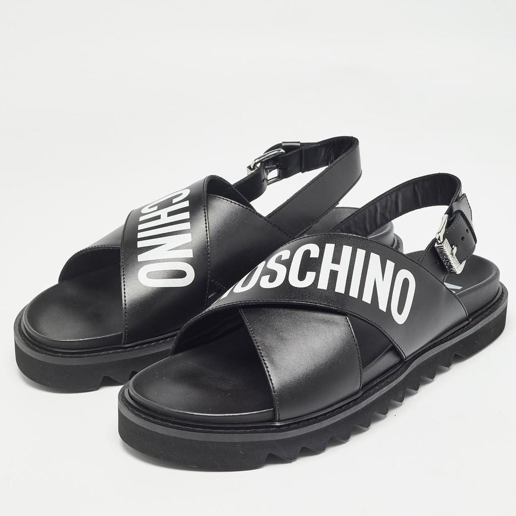 Moschino Moschino Black Leather Logo Crisscross Flat Sandals Size 45